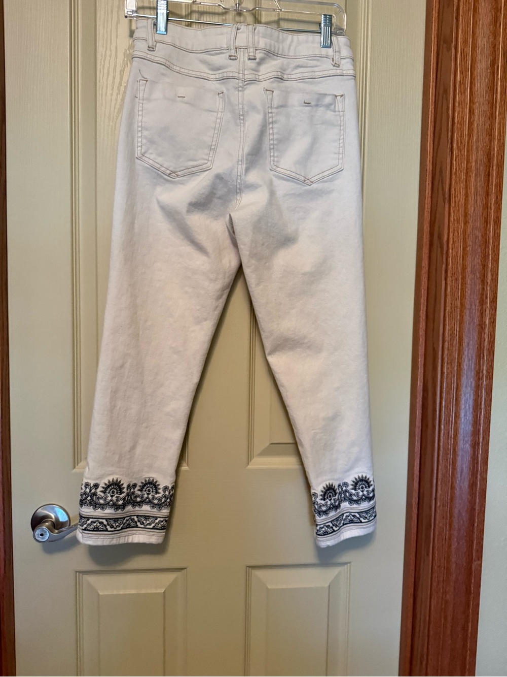 Tribal Cream Cropped Jeans with Black Embroidered Hem